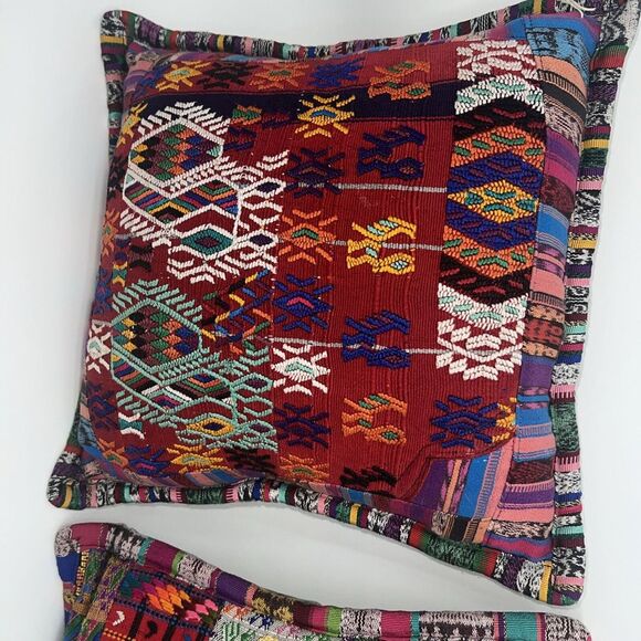 Handmade Set PATCHES OF HUIPIL Embroidered Pillow Cases Colorful Guatimala - Picture 10 of 11